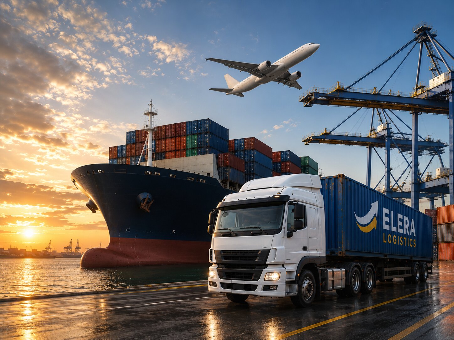 ELERA Logistics truck on the port road with a container vessel, gantry cranes, and a cargo aircraft at sunset